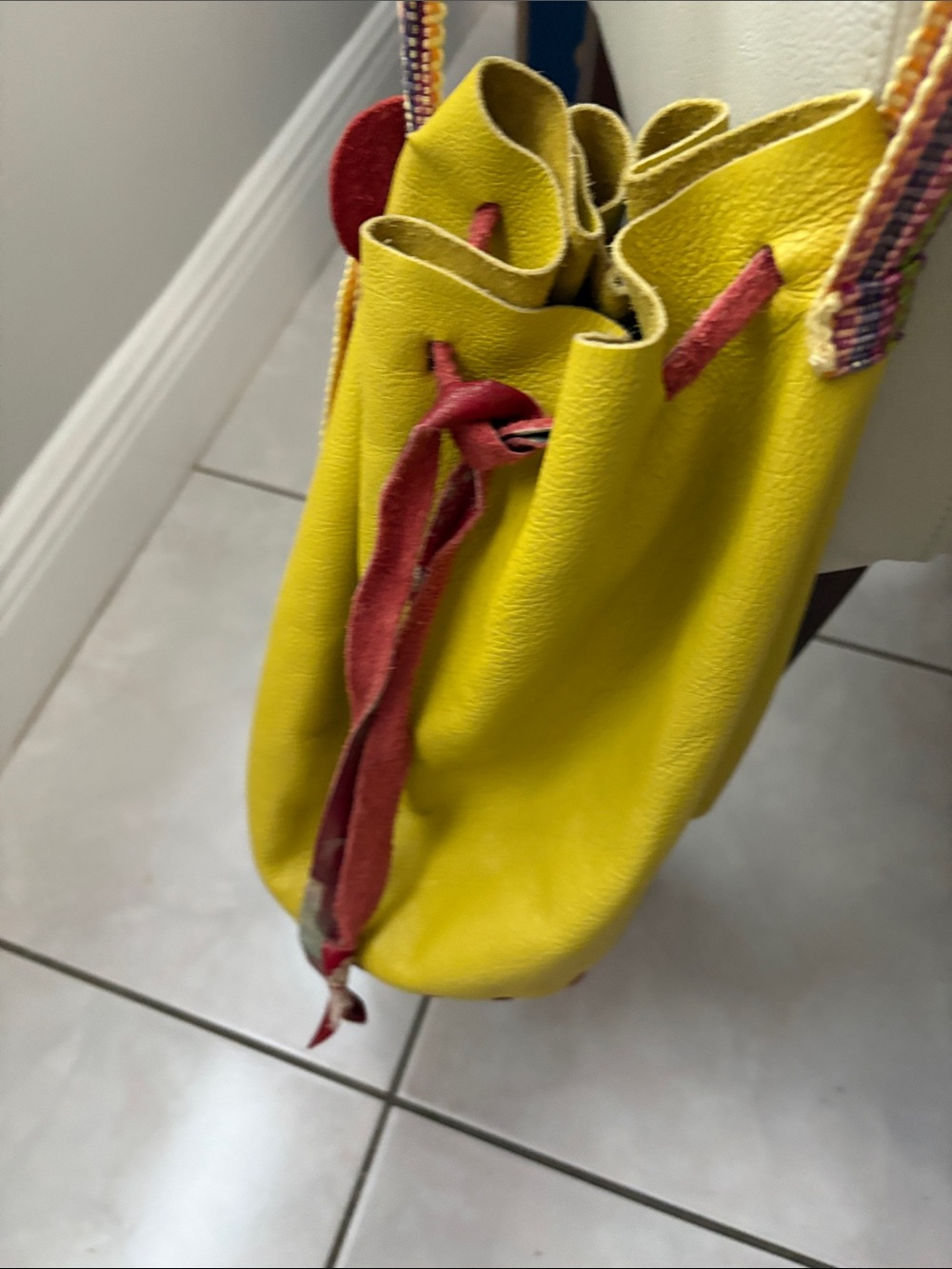 Boho Yellow Leather Drawstring Bucket Bag with Multicolor Strap - Picture 4 of 9
